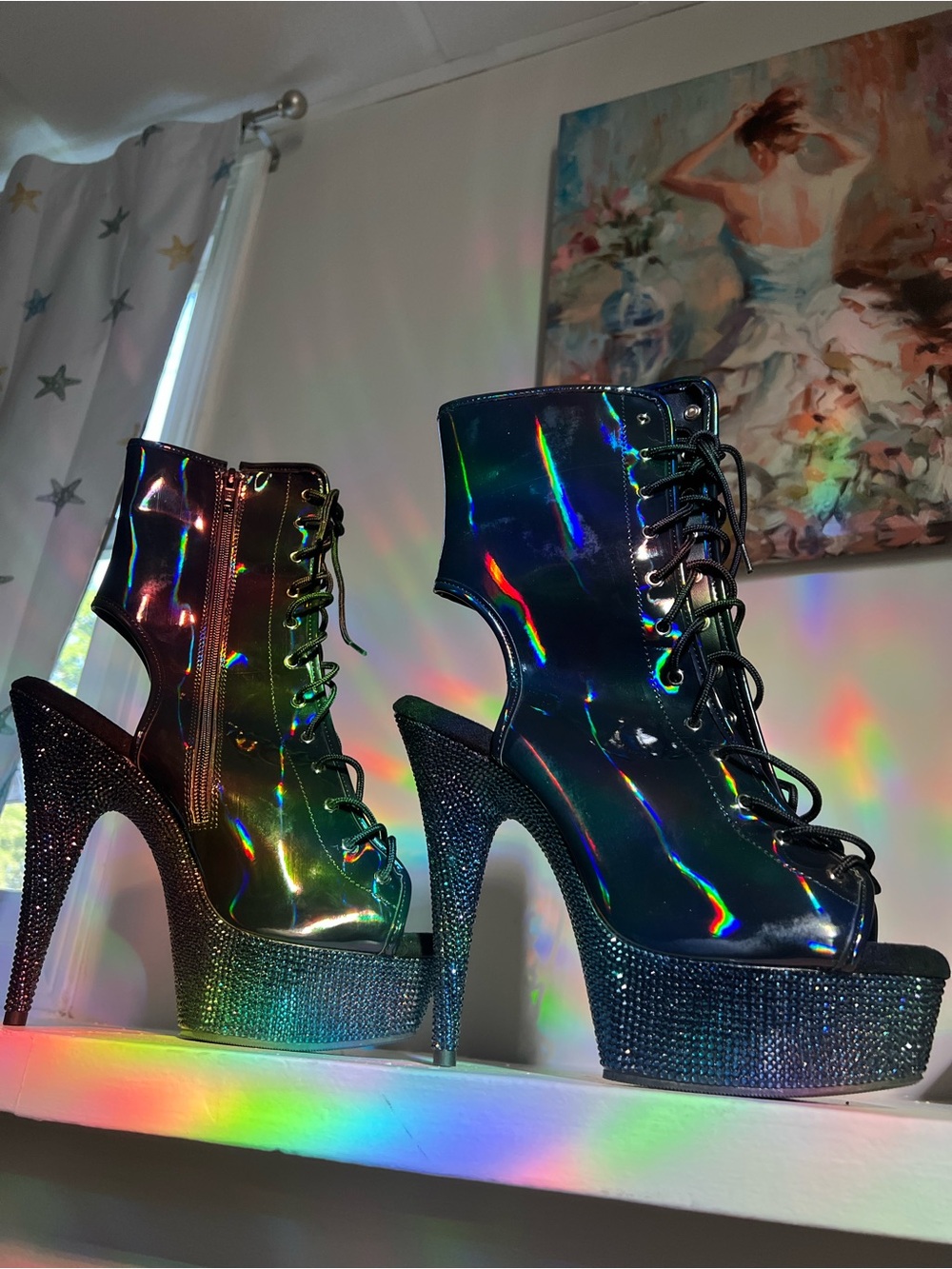 Pleaser Holographic Black Platform Rhinestone Lace-Up Boots sz 12 read post - Picture 3 of 16